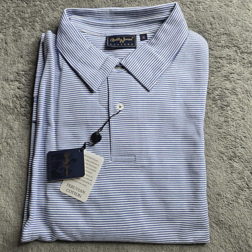 NWT Bobby Jones Players Polo Mens XL Blue Stiped Short Sleeve Golf Performance